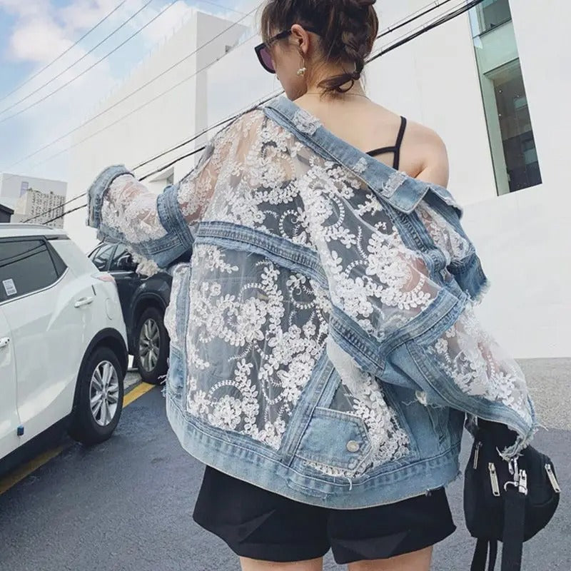 LACE MESH DENIM JACKET