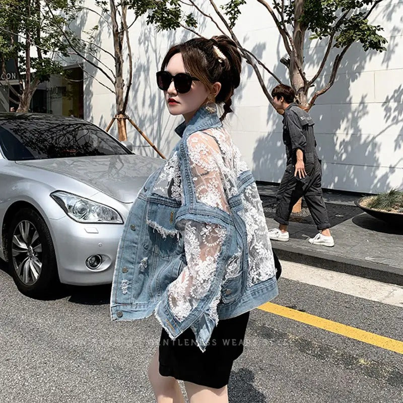 LACE MESH DENIM JACKET